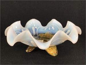 Footed Opalescent Goofus Glass Bowl