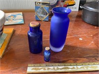 3 cobalt blue pieces - 2 vintage bottles