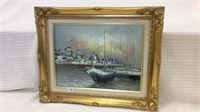 Sm. Framed Oil on Canvas Ship Yard Painting-
