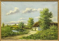 FRAMED OIL PAINTING PASTORAL LANDSCAPE WITH COWS