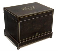 FRENCH BRASS & BONE MARQUETRY TANTALUS SET