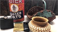 Quaker Oats Tin, Flask, 2 Baskets & Misc