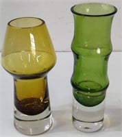 2 Vintage Amber & Green Glass Vases - Scarce