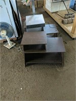 Two wooden end tables and scale. Scale powers on