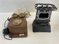 ANTIQUE BELL BOX WALL PHONE AND VINTAGE HEATER