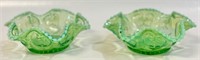 2 GREEN CARNIVAL GLASS FANCIES W OPALESCENT TRIM