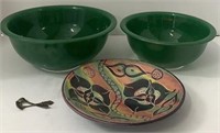 Green Pyrex Bowls, Clay Dish and Spoons