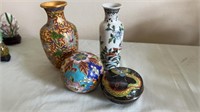 Asian miniatures, cloisonné vases, enameled brass
