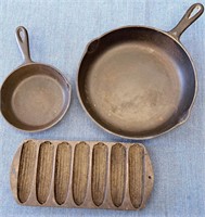 2 CAST IRON FRYING PANS & CORNBREAD PAN LOT