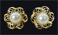 14K Yellow gold floral post earrings with pearl