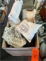 Box lot throw pillows, table scarves, blankets