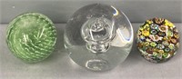 3 Art Glass Paperweights Lot Collection