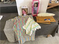 Wood doll crib NOT ASSEMBLED, doll & afghans