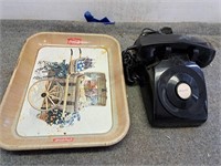 Vintage telephone and coke tray