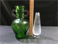 Emerald green handle vase, bubble glass one stem