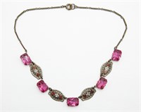 Incredible Czech Pink Cab White Enamel Necklace