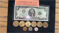 1976 Bicentennial $2 Note, 6 $1 Coins, 1952 Wheat
