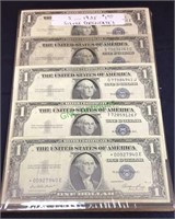 Currency, five 1935 one dollar silver certificate