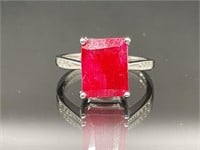 Sterling Silver Ring Red Ruby and White Stones