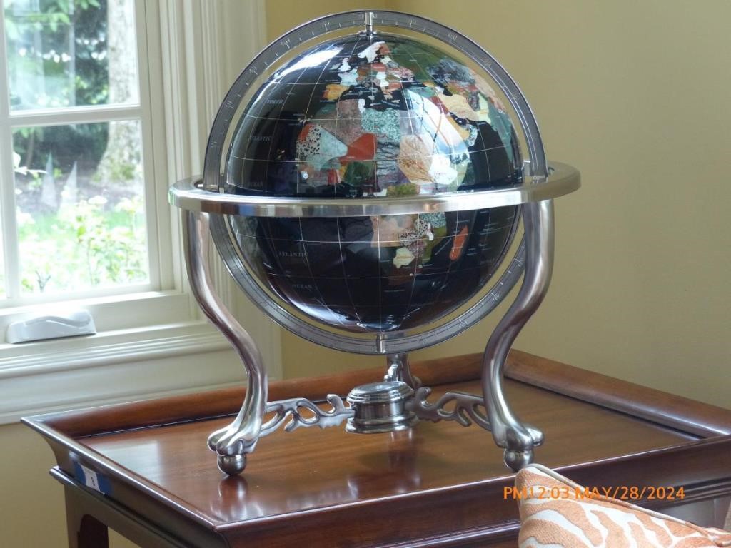 Stone Inlaid Black World Globe w/Chrome Stand
