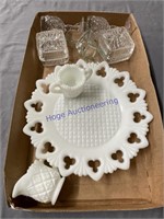 CLEAR GLASS AND MILK GLASS PIECES