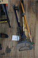 2-pitchforks, 2-rakes, ice scraper & other garden