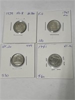 4 Canadian 10 Cent Coins - 1939, 41, 47, 49