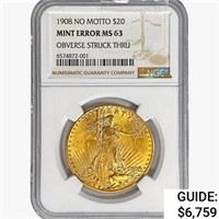 1908 $20 Gold Double Eagle NGC MS63 OBV Struck
