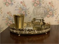 VANITY MIRROR WITH METAL CUP AND GLASS VASE