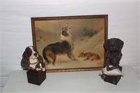 Framed W. Hunt Lithograph "Found" and Dog Busts