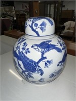 BLUE AND WHITE PORCELAIN BIRD CONTAINER & LID