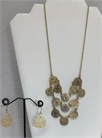 Necklace & Earrings Goldtone With Round Disks