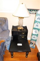 2 tier painted end table with glass table lamp