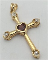 Sterling Silver Gold Tone Red Heart Stone Cross