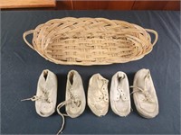 Vtg baby shoes and 15" basket
