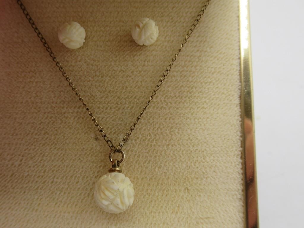 VINTAGE CARVED IVORY EARRINGS AND NECKLACE