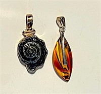 Amber and Shell Silver Pendants