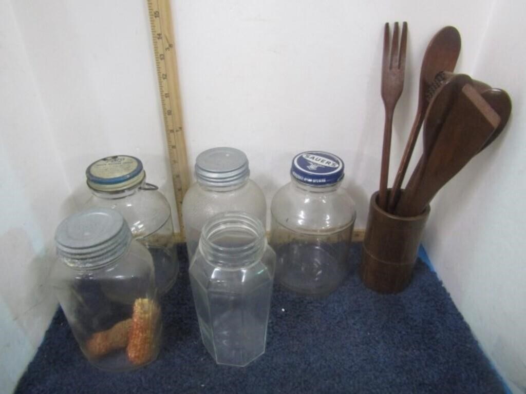 ASSORTED JARS, ETC IN PRODUCE CRATE