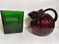 Vintage glassware Green vase Maroon Pitcher