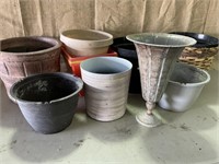 Planter pots, ceramic barrel, metal urn