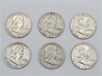 (6) 1954 Franklin 90% Silver Half Dollars