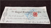 Vintage 1919 Royal Bank Stamped Cheque To R.B Colw