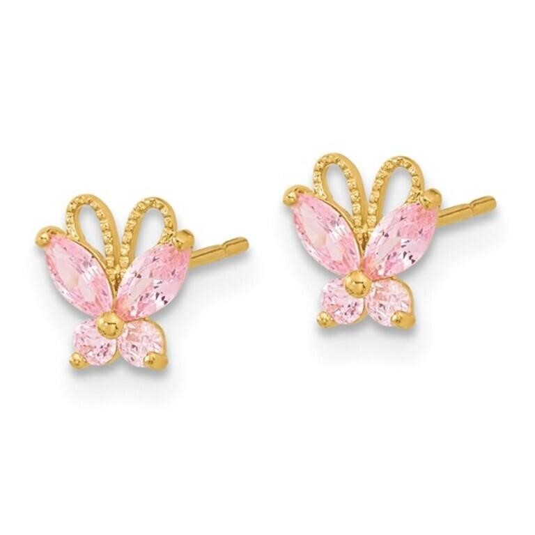 14k Kids Pink CZ Butterfly Post Earrings