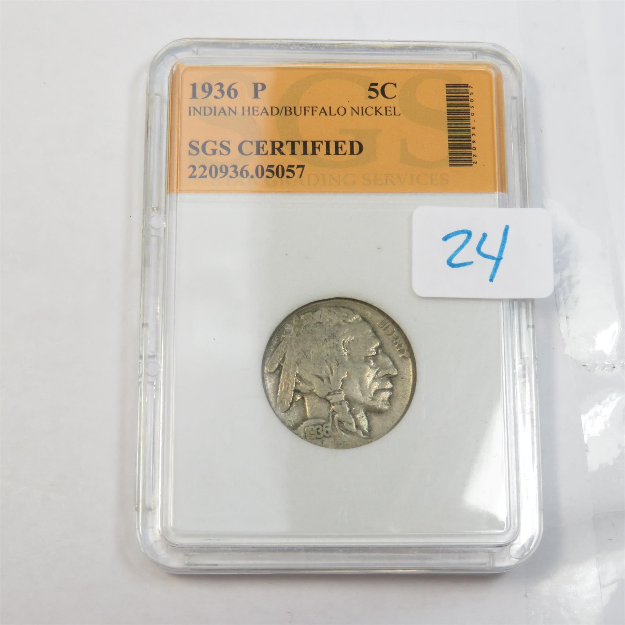 1936 P Buffalo Nickel SGS Certified 5 Cent