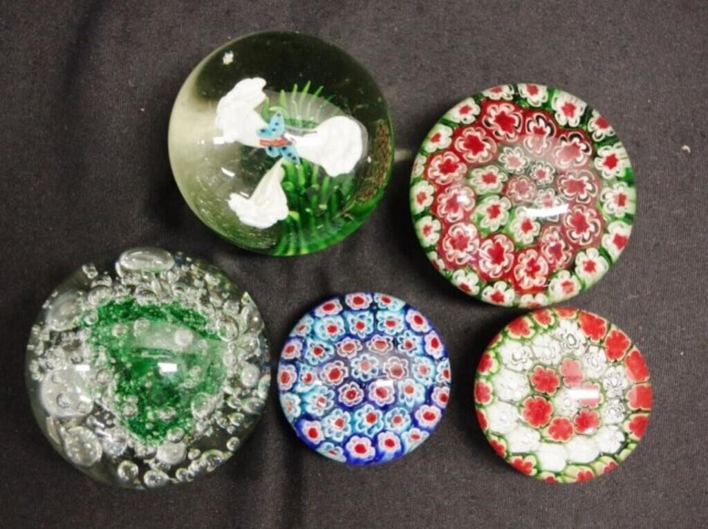 Five various art glass paperweight