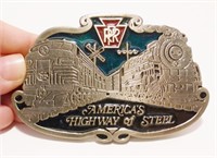 Vtg America's Highway of Steel Belt Buckle USA