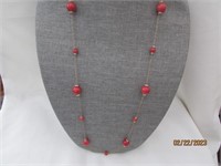 Necklace Rhinestone And Red Beads Gold Tone Chain