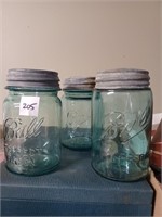 Three Vtg. Green Pint Size Canning Jars w/ Lids
