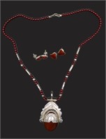 Sterling & Red Jasper Stone Necklace & Earrings