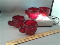 4 small red glass punch cups New Martinsville